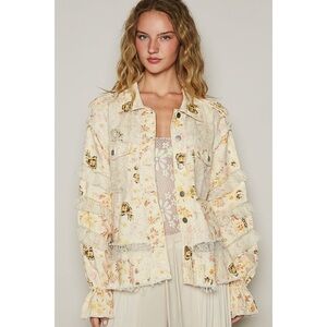 POL Cream Floral Twill and Lace Patchwork Jacket | Button Front